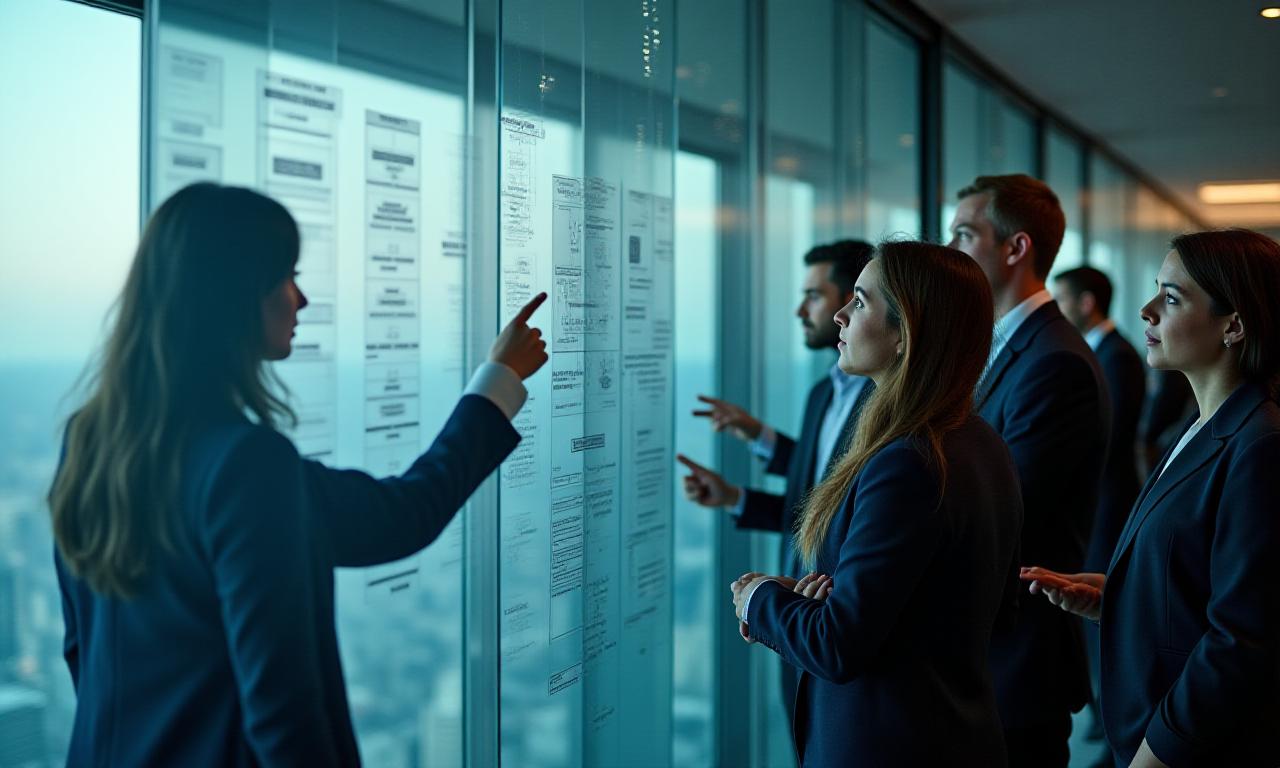 Team collaborating on high-level corporate architecture